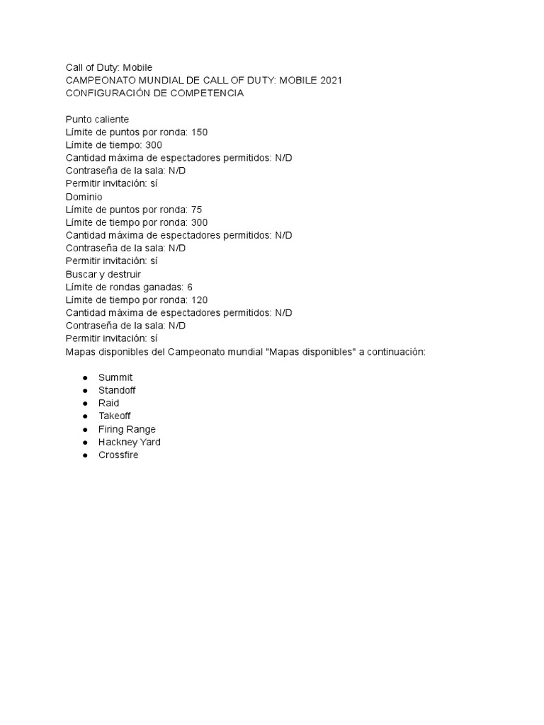 Reglas del Campeonato Mundial COD Mobile 2021 | PDF | Historia