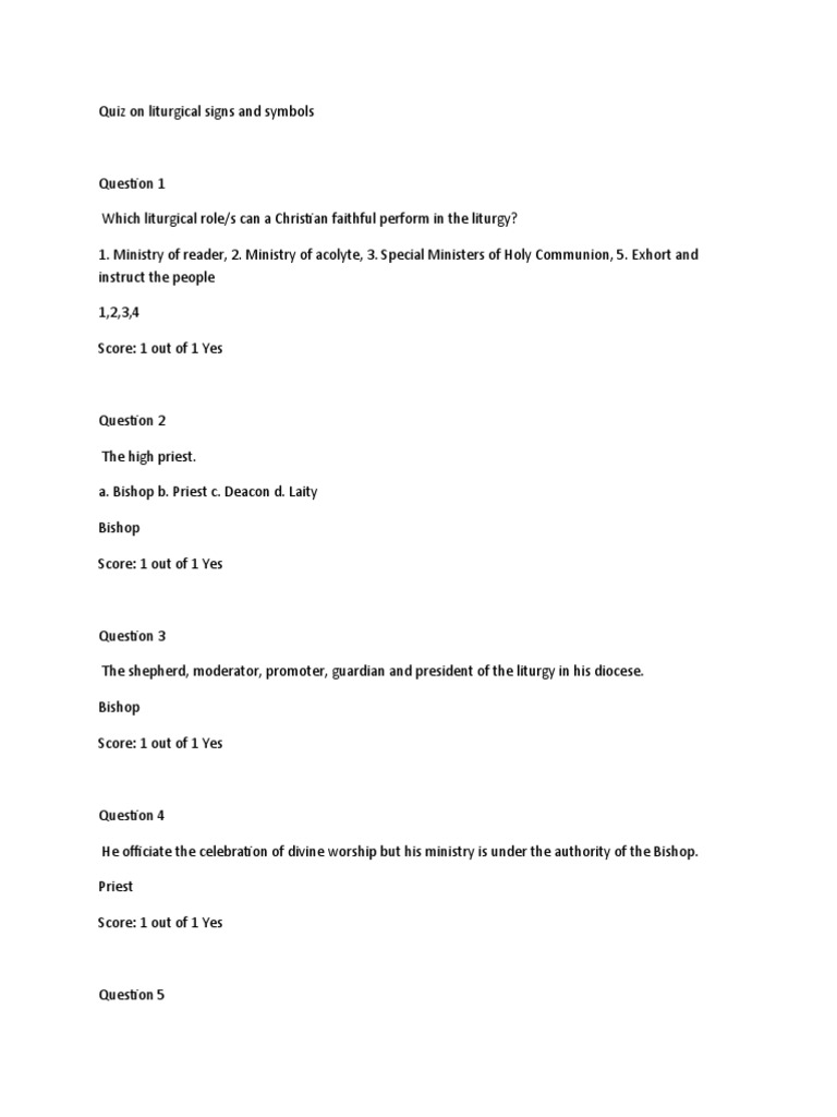 Quiz On Liturgical Signs and Symbols PDF