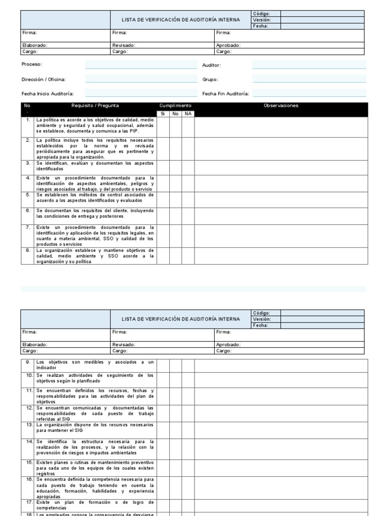 Formato de Check List de Auditoría Interna | PDF | Calidad (comercial ...