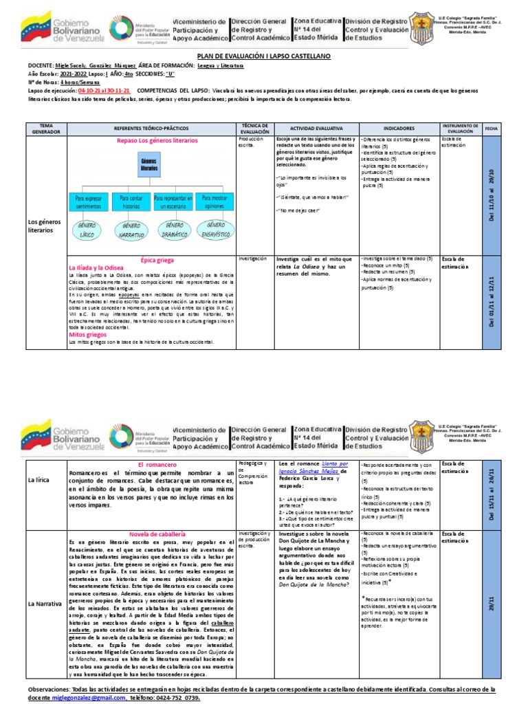4to - Castellano - Plan de Evaluación I Lapso | PDF | Novelas | Don Quijote