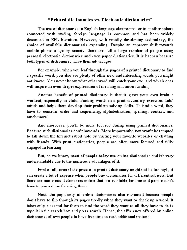 Printed Dictionaries vs. Electronic Dictionaries PDF Dictionary Cognition