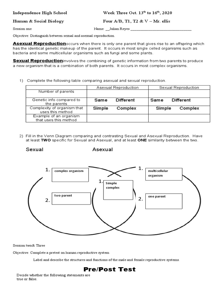 Pre/Post Test Asexual Reproduction PDF Reproduction Pregnancy