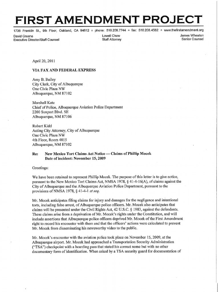 New Mexico Tort Claims Act Notice Phillip Mocek 2011