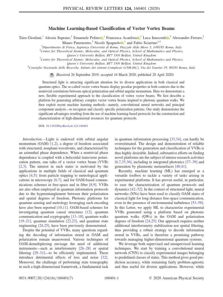 Machine Learning-Based Classification of Vector Vortex Beams | PDF ...