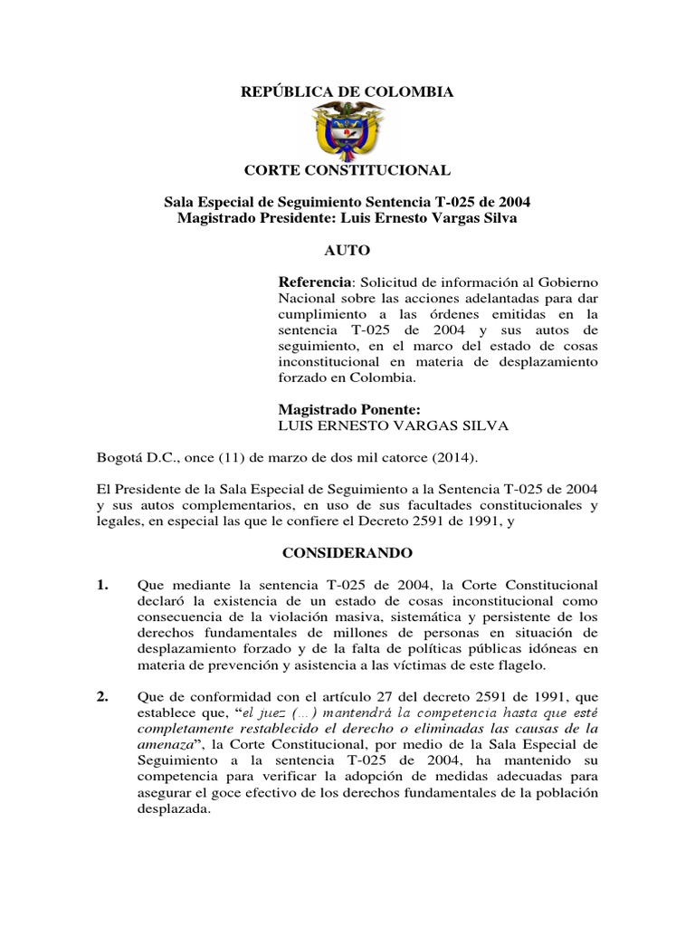 (2014) Sala Especial de Seguimiento Sentencia T-025 de 2004 | PDF