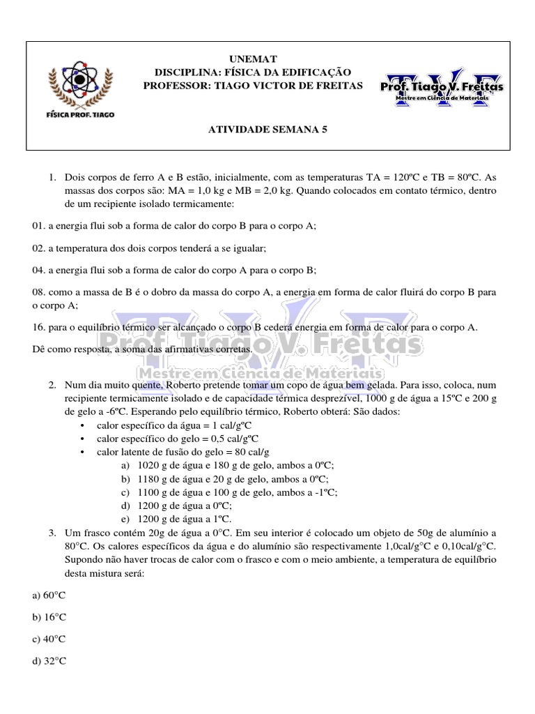 Exercícios de Equilíbrio Térmico e Calorimetria | PDF | Calor | Temperatura