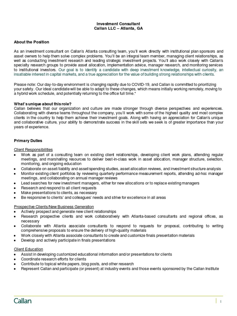 Atlanta Investment Consultant Callan PDF Consultant Investing
