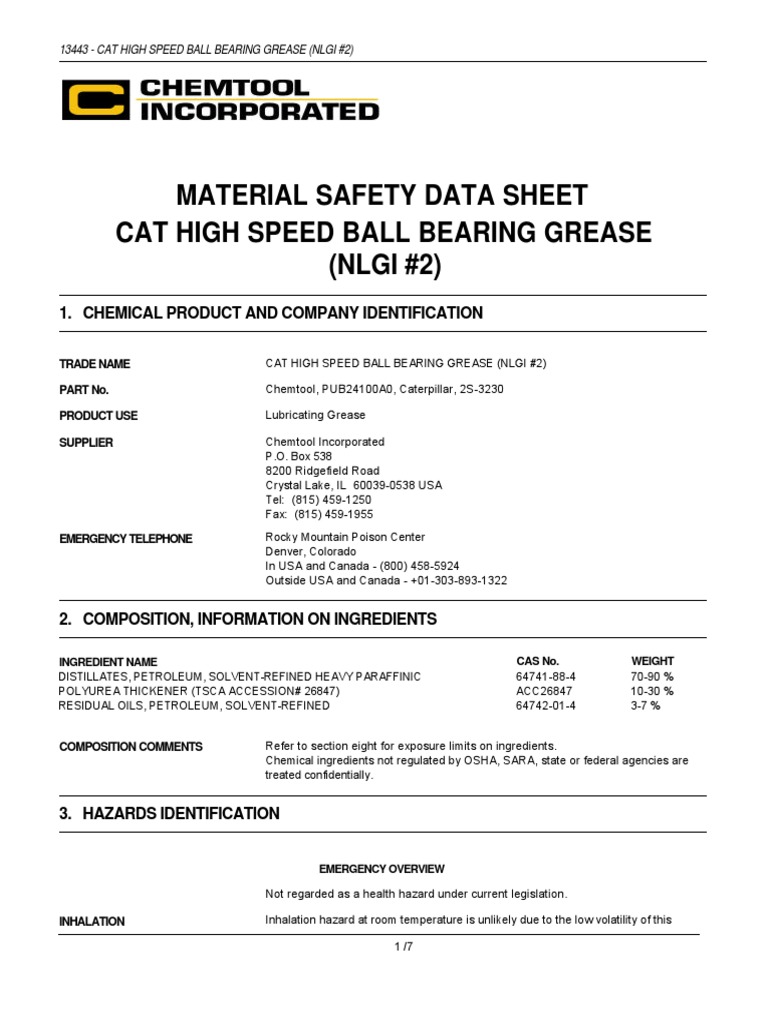 Material Safety Data Sheet Cat High Speed Ball Bearing Grease (NLGI 2