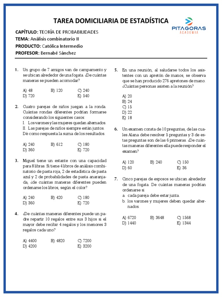 Análisis Combinatorio en Probabilidades | PDF | Métodos y materiales de ...
