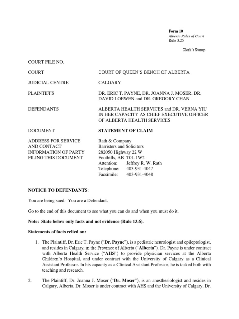 Unfiled Lawsuit Against Alberta Health Services By Four Doctors Pdf Medicine Medical Specialties