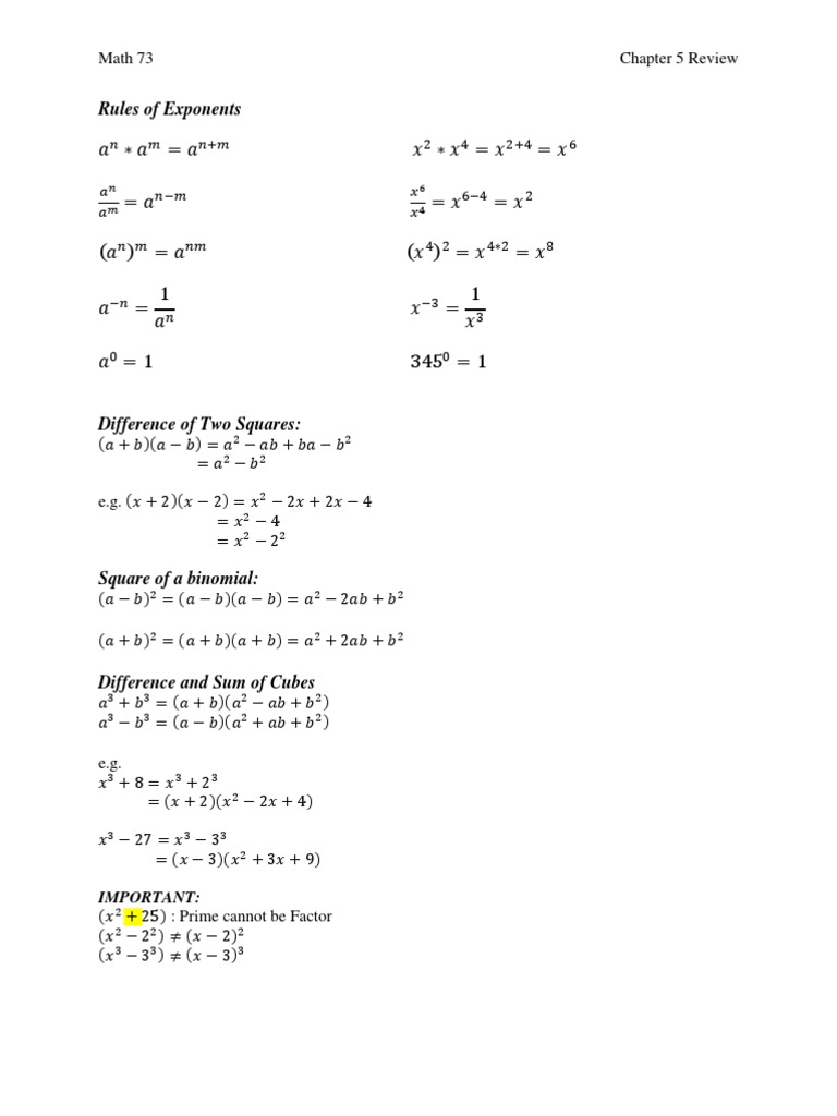 Exponents and Factoring Review Guide | PDF