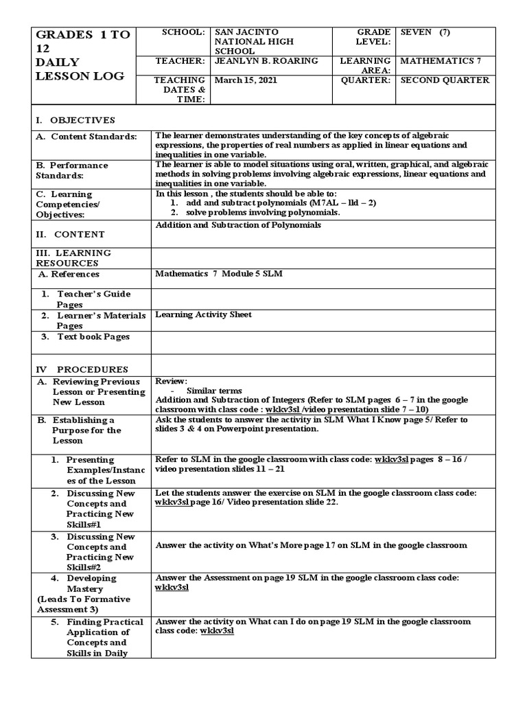 Grade 7 Math Lesson Plan | PDF | Subtraction | Equations