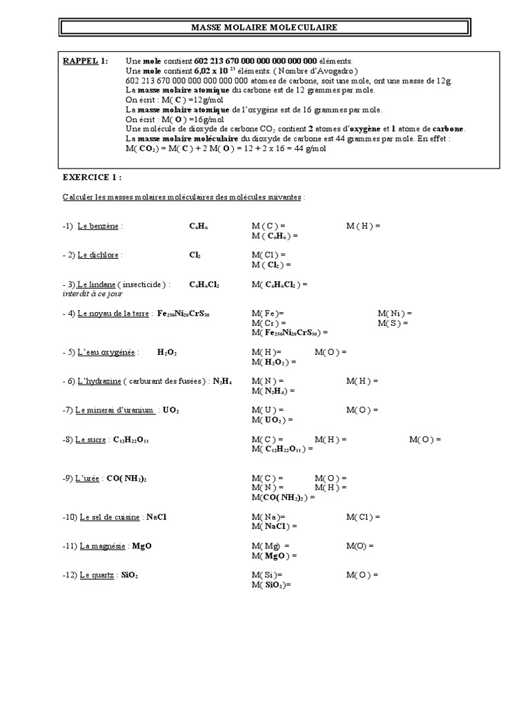 Calculs de Masse Molaire Simplifiés PDF Mole (unité) Chlorure de — free download