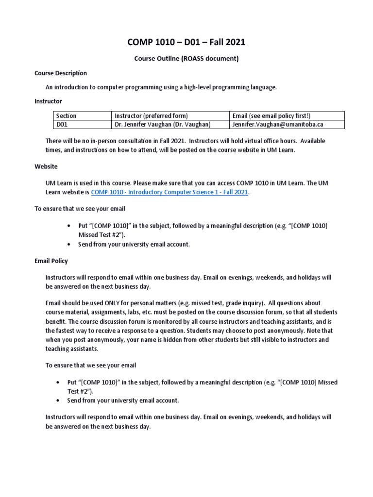 COMP 1010 - D01 - Fall 2021: Course Outline (ROASS Document) | PDF ...