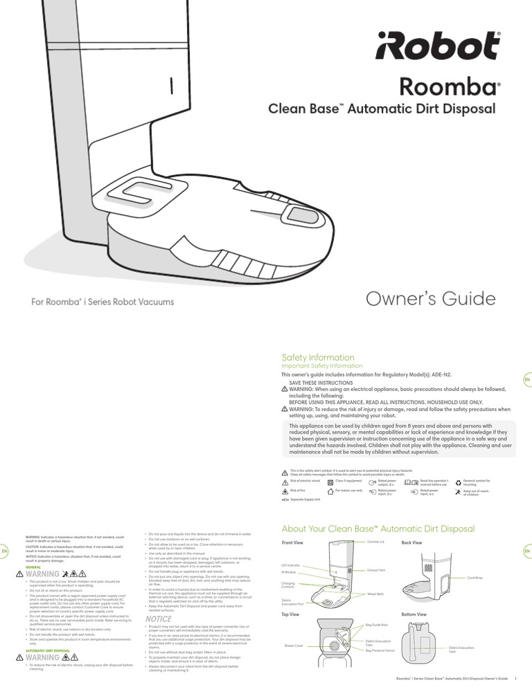 Owner's Guide Clean Base Automatic Dirt Disposal PDF Power Supply