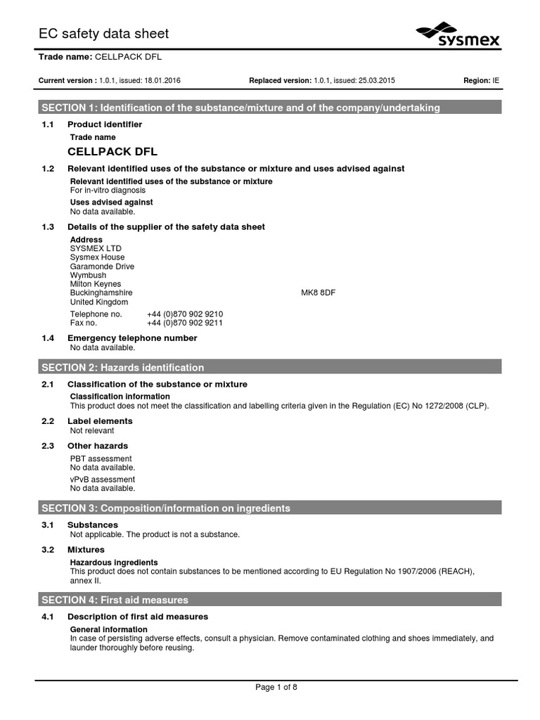 EC Safety Data Sheet: Cellpack DFL | PDF | Chemistry | Occupational ...