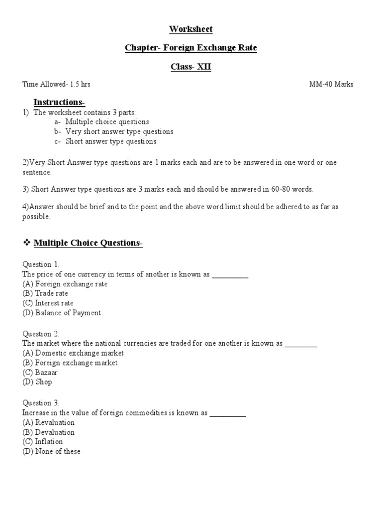 Class 12 Foreign Exchange Worksheet | PDF | Exchange Rate | Devaluation