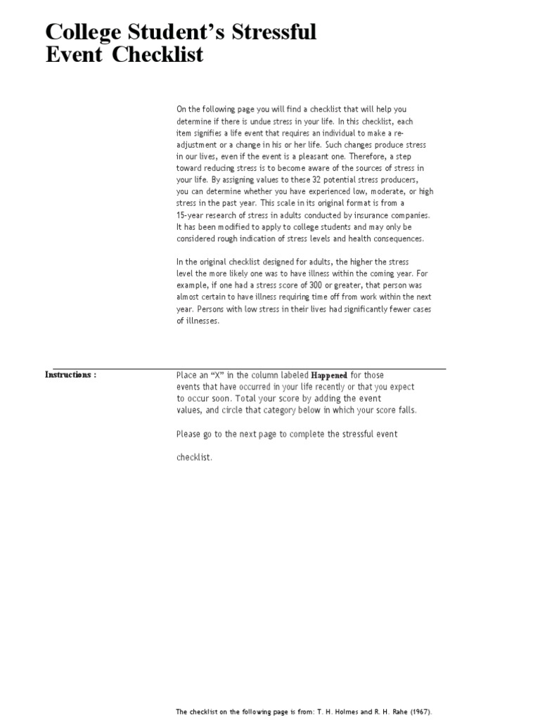 College Student Stress Event Checklist | PDF | Psychological Concepts ...