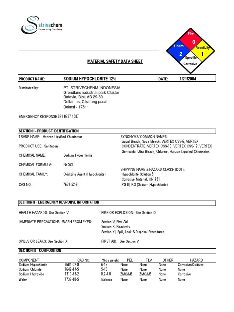 Msds Sodium Hypochlorite PDF Chlorine Fires