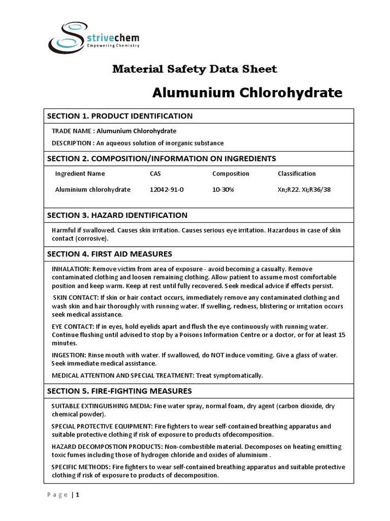 Alumunium Chlorohydrate Material Safety Data Sheet PDF Water Aluminium