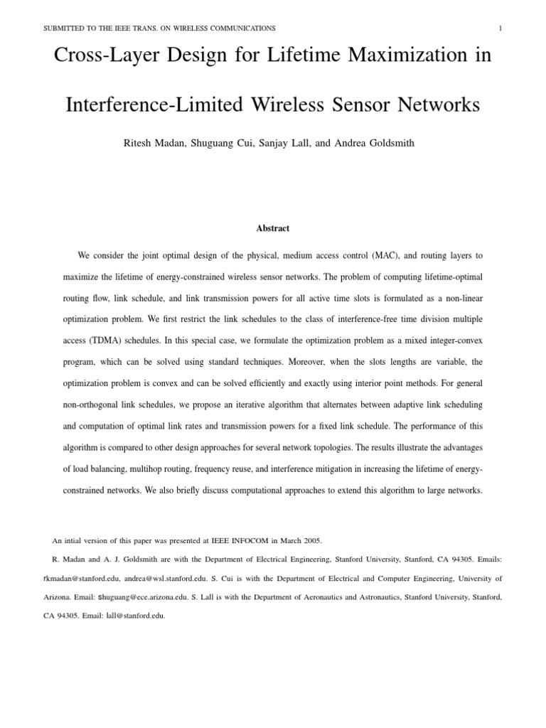 Lifetime Optimization in Wireless Sensor Networks | PDF | Mathematical ...