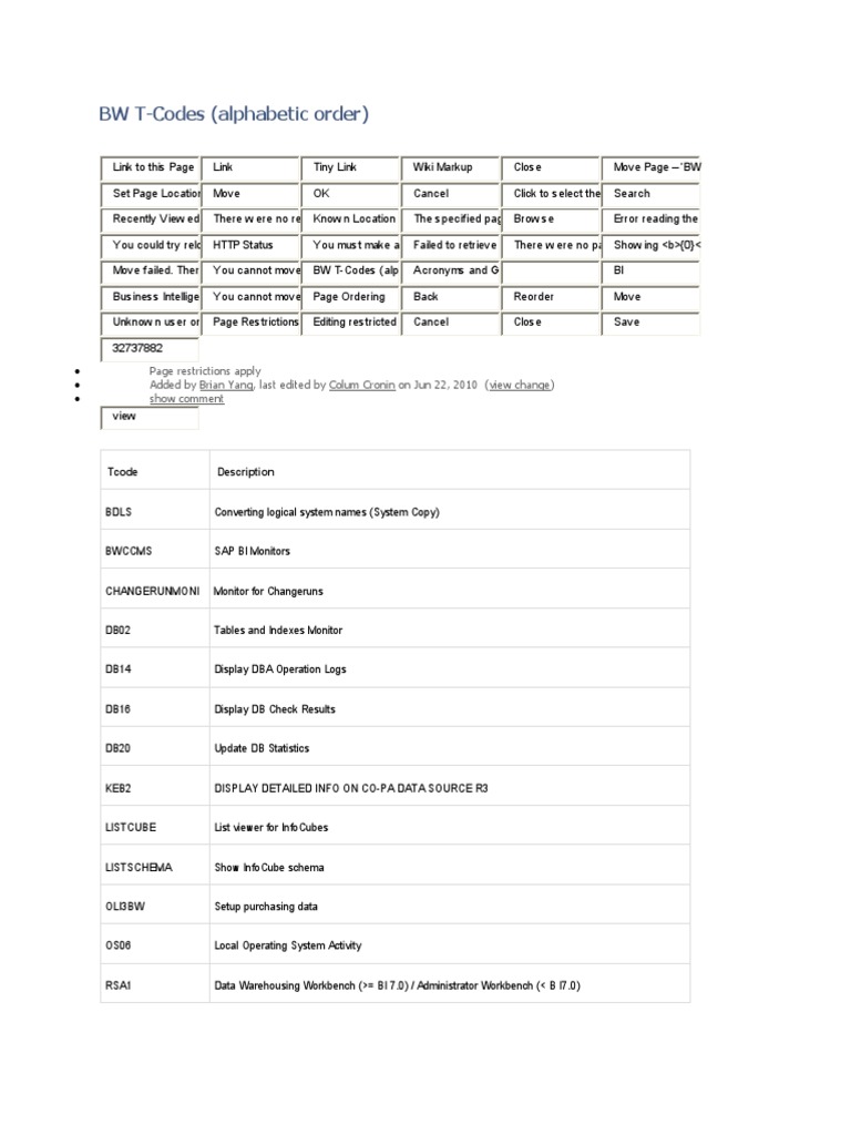 BW TCodes (Alphabetic Order) PDF Digital Technology Computer Data