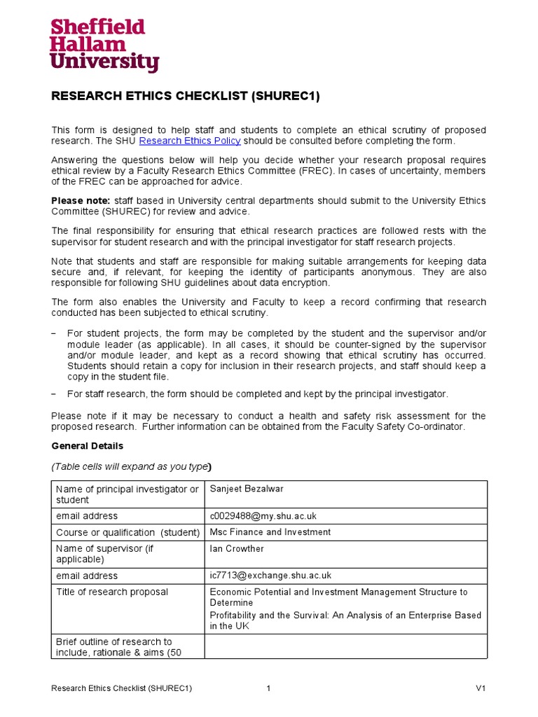 New Research Ethics Checklist SHUREC1 With Electronic Signature | PDF ...