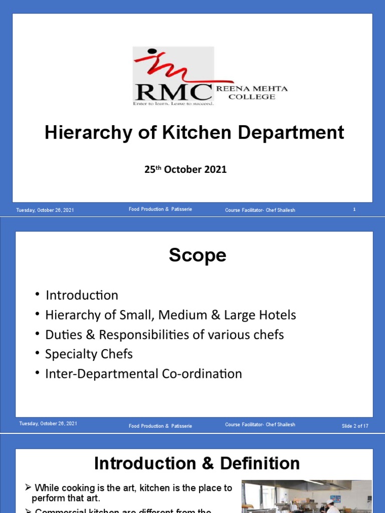 Hierarchy of Kitchen Department PDF Chef Food Industry