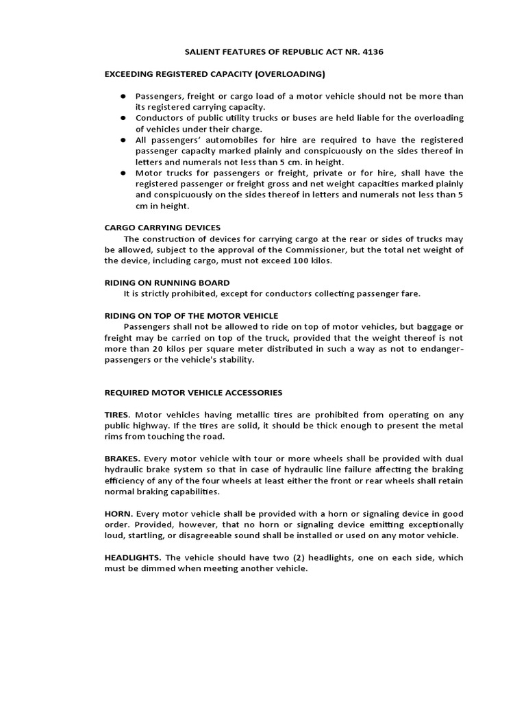 Salient Features of RA 4136 PDF Traffic Intersection (Road)