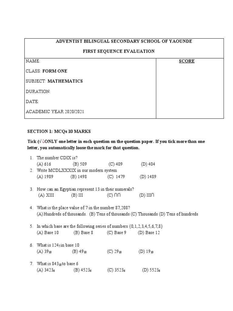 First Evaluation of Form1 Mathematics | PDF