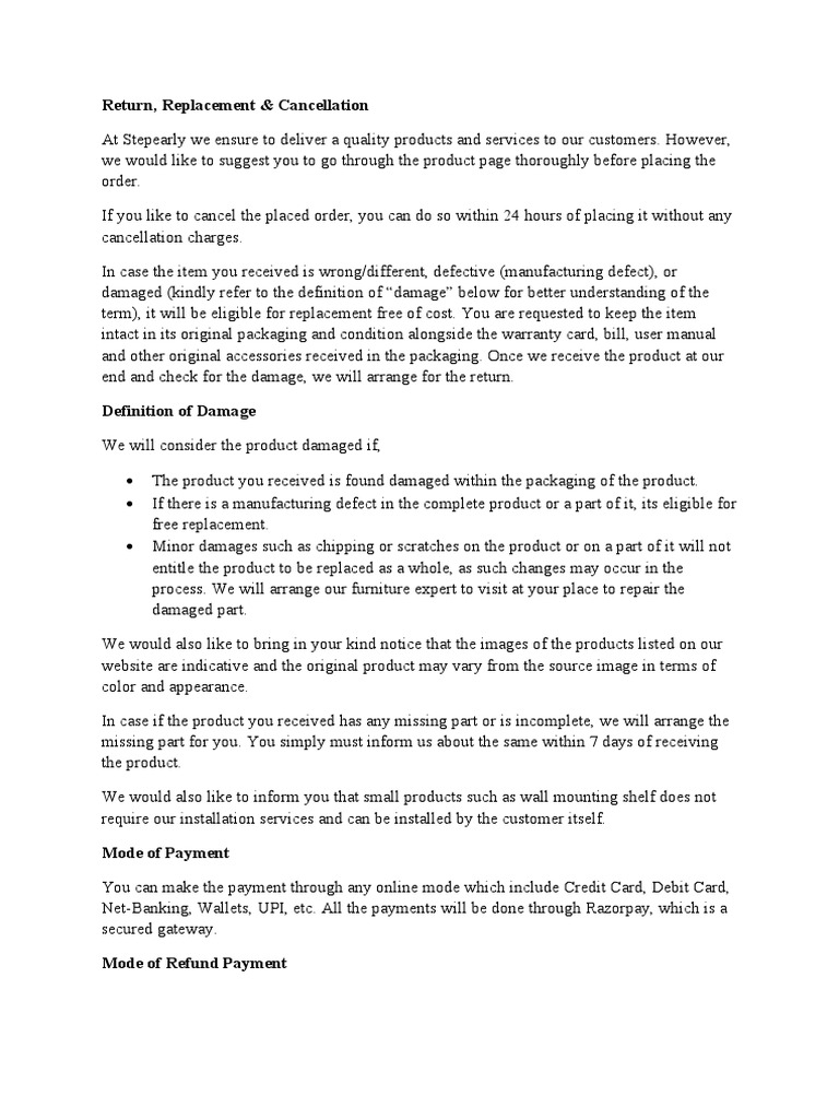 Return, Replacement, Cancellation, Delivery, Installation, Payment, and