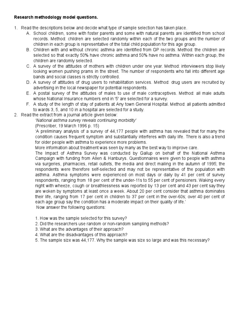 Research Methodology Sample Questions | PDF | Sampling (Statistics ...