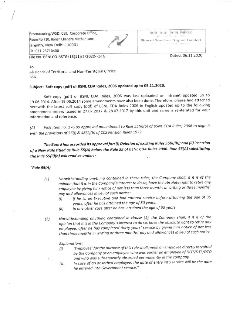 Bsnl cda rules 2006 updated up to 05 11 20 pdf employment board