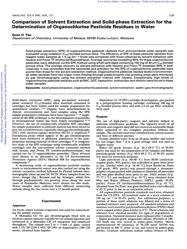 Comparing Solvent Extraction and SolidPhase Extraction Methods for Determining Organochlorine