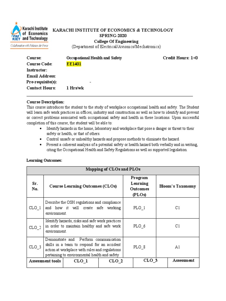 Ohs Course At Kiet Pdf Occupational Safety And Health Safety