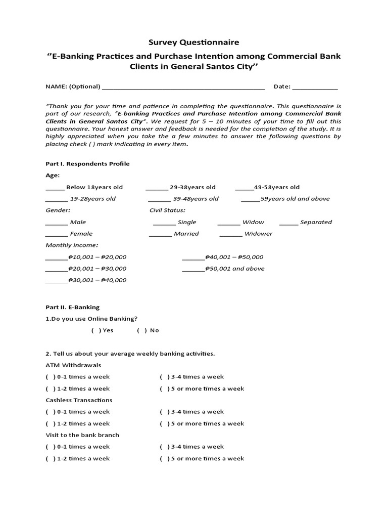 Survey Questionnaire 'EBanking Practices and Purchase Intention Among
