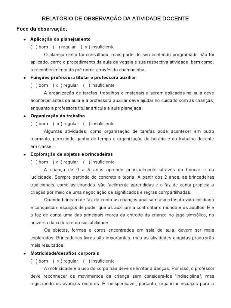 Relatório de Observação Docente na Educação Infantil | PDF ...
