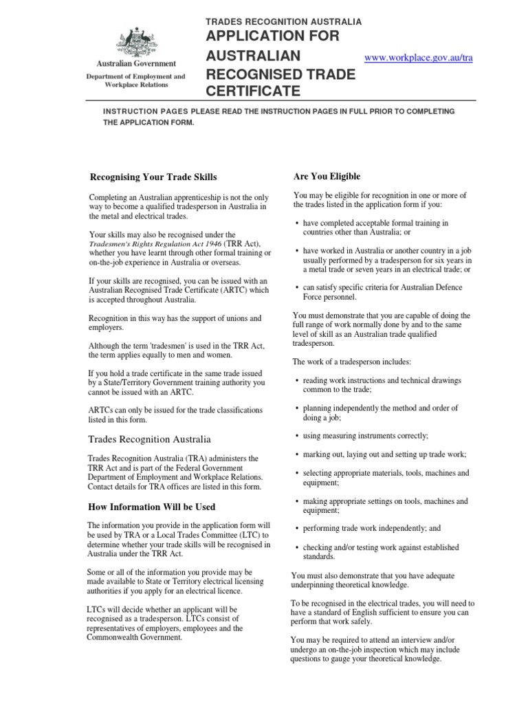 Application For Australian Recognised Trade Certificate Recognising