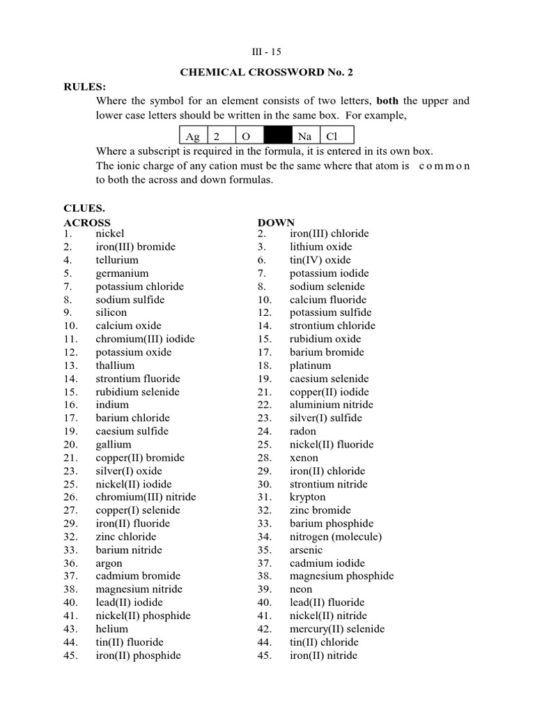 Chemical Crossword PDF Oxide Silver