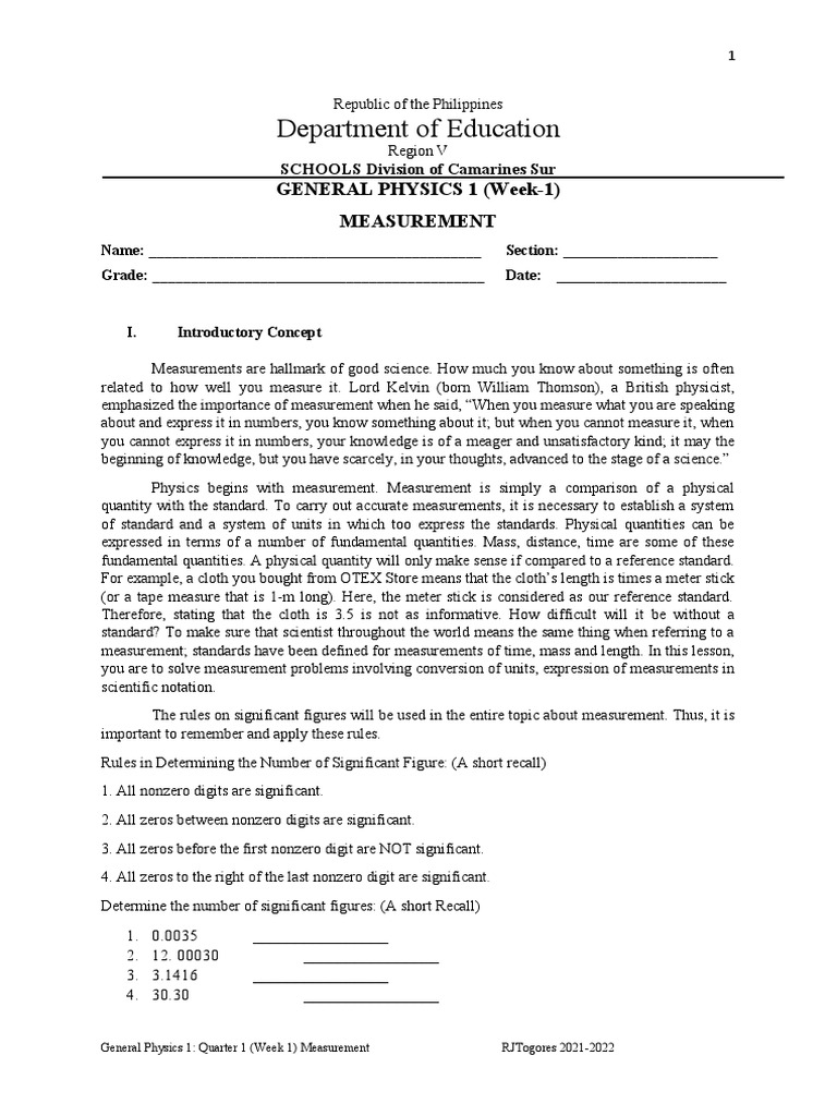 Department of Education: General Physics 1 (Week-1) Measurement | PDF ...