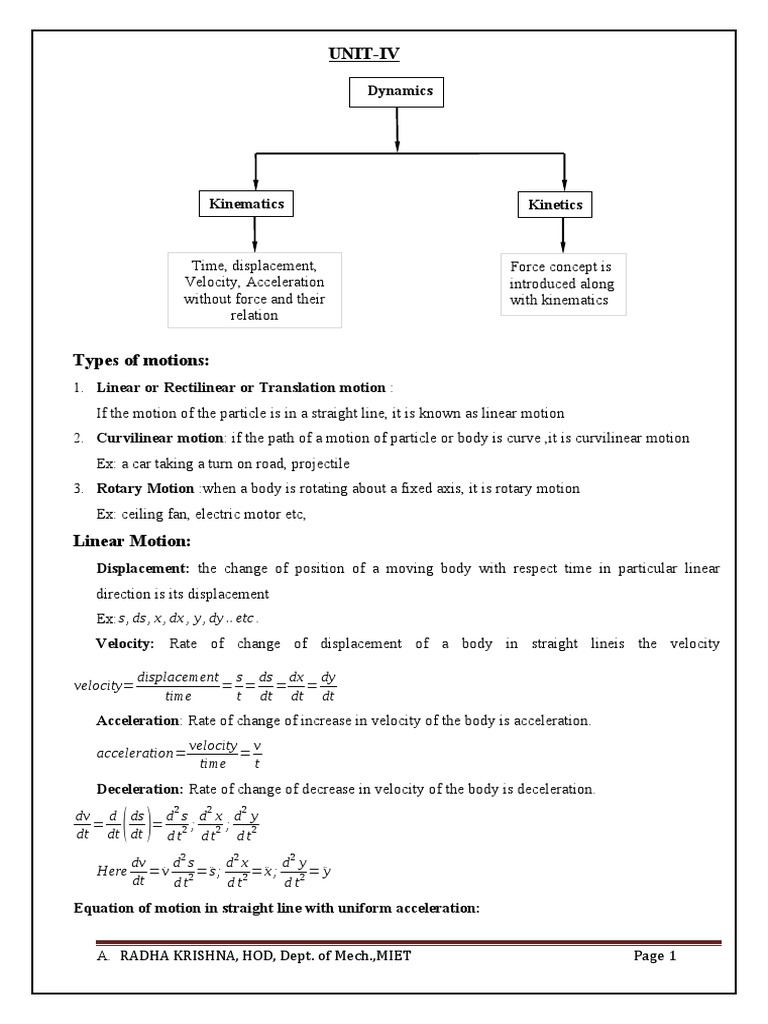 Unit-Iv: Velocity Displacement Time S T Ds DT DX DT Dy DT | Download ...