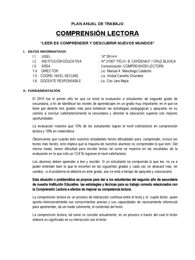 Plan Anual de Comprensión Lectora 2023 | PDF | Comprensión lectora ...