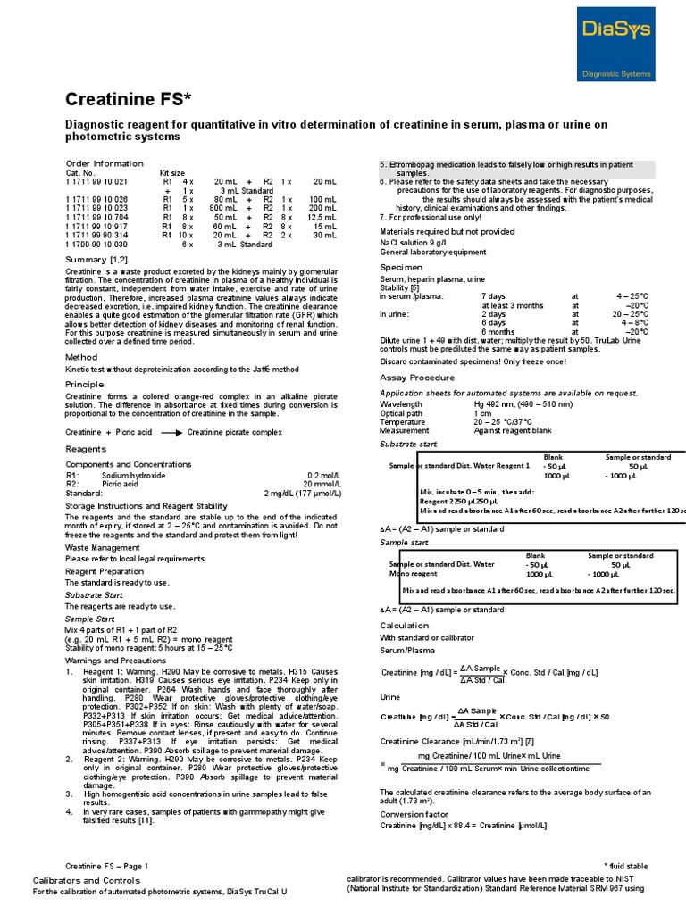 Creatinine FS Diagnostic Reagent Guide | PDF | Creatinine | Kidney