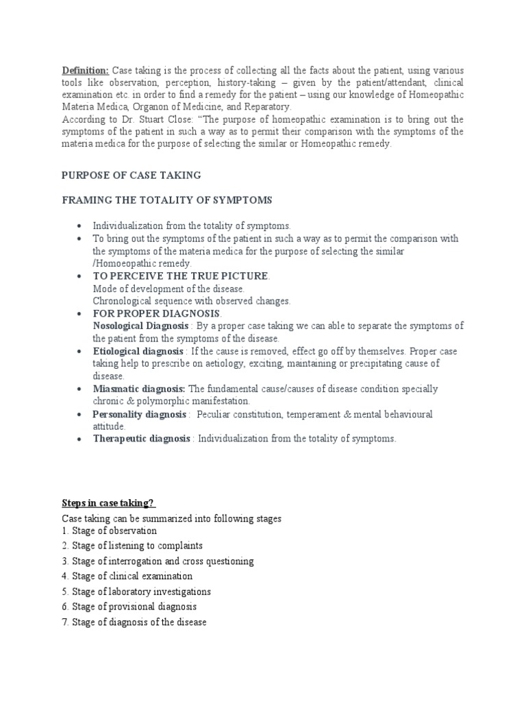 Case Taking (Case Taking Definition & PurposeFile) PDF Homeopathy