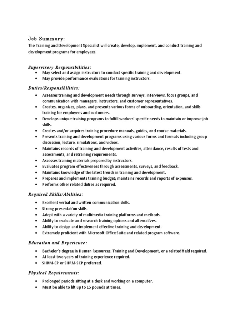 TRAINING AND DEVELOPMENT SPECIALIST REQUIREMENTS intelligence overview