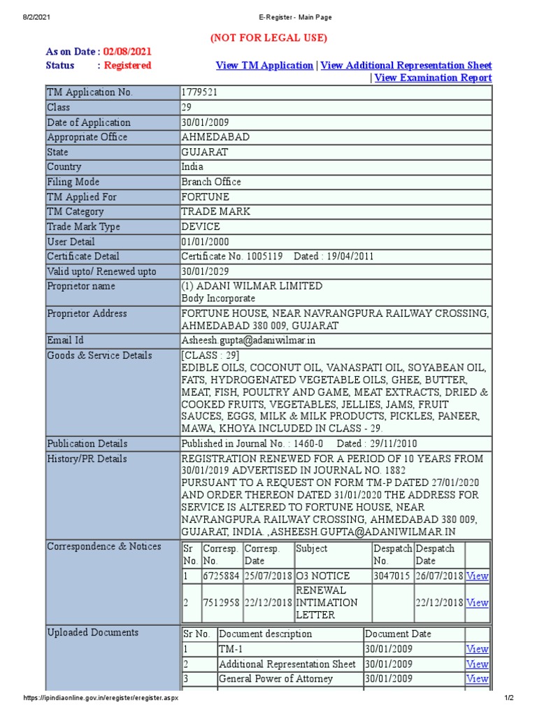 Fortune Trademark Registration Renewal for Edible Oils and Food