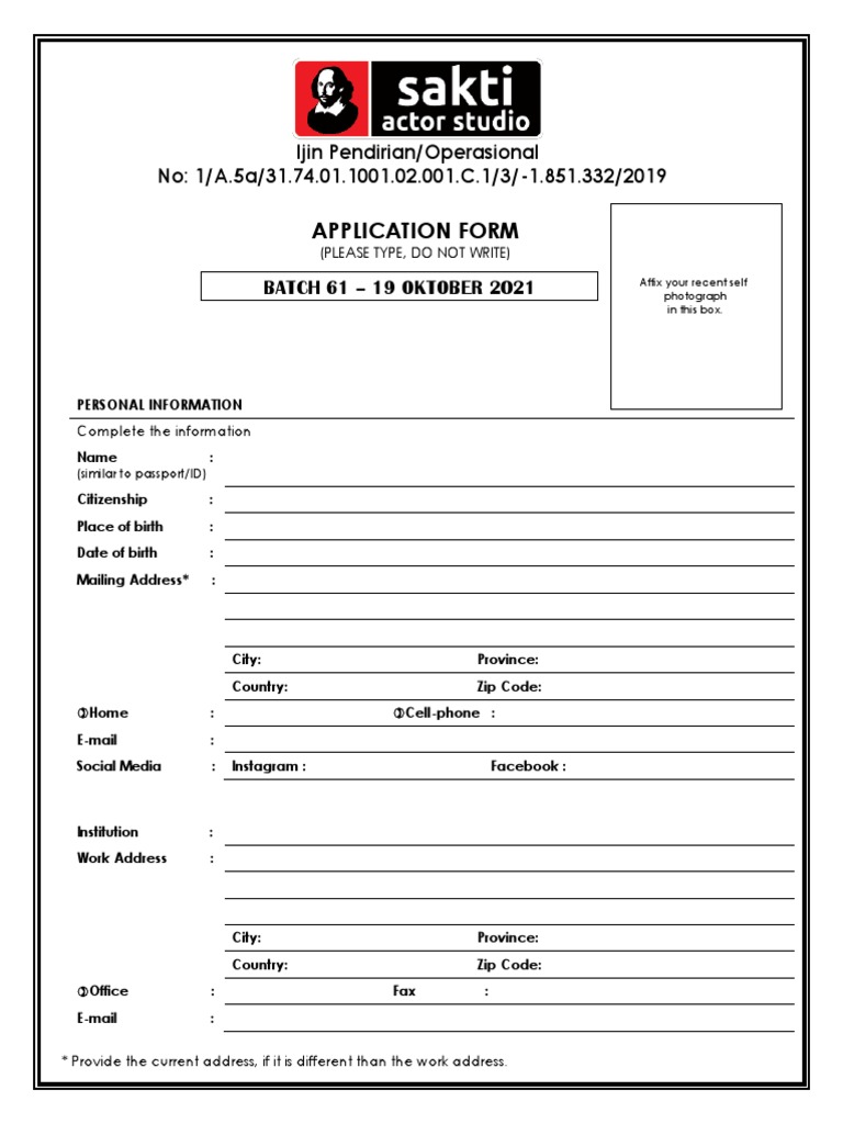 Sakti Actor Studio Application Form | PDF | Mass Media | Communication