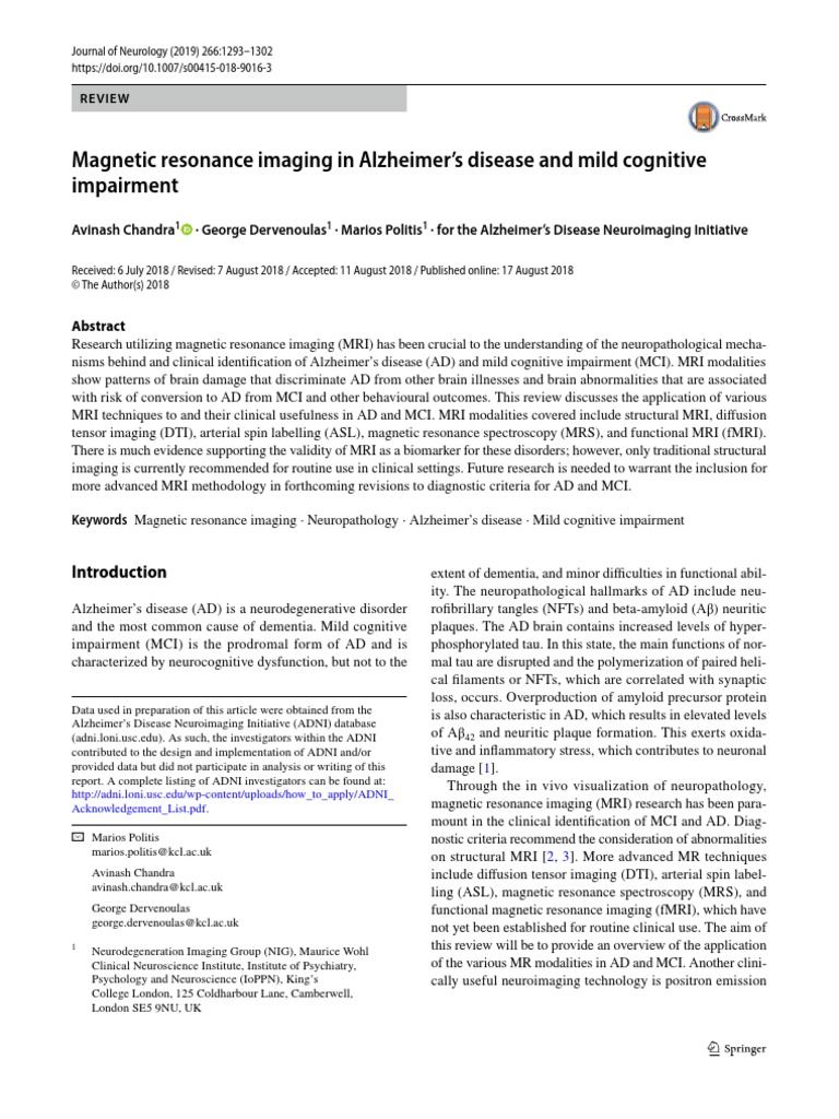 Magnetic Resonance Imaging in Alzheimers Disease and Mild Cognitive ...