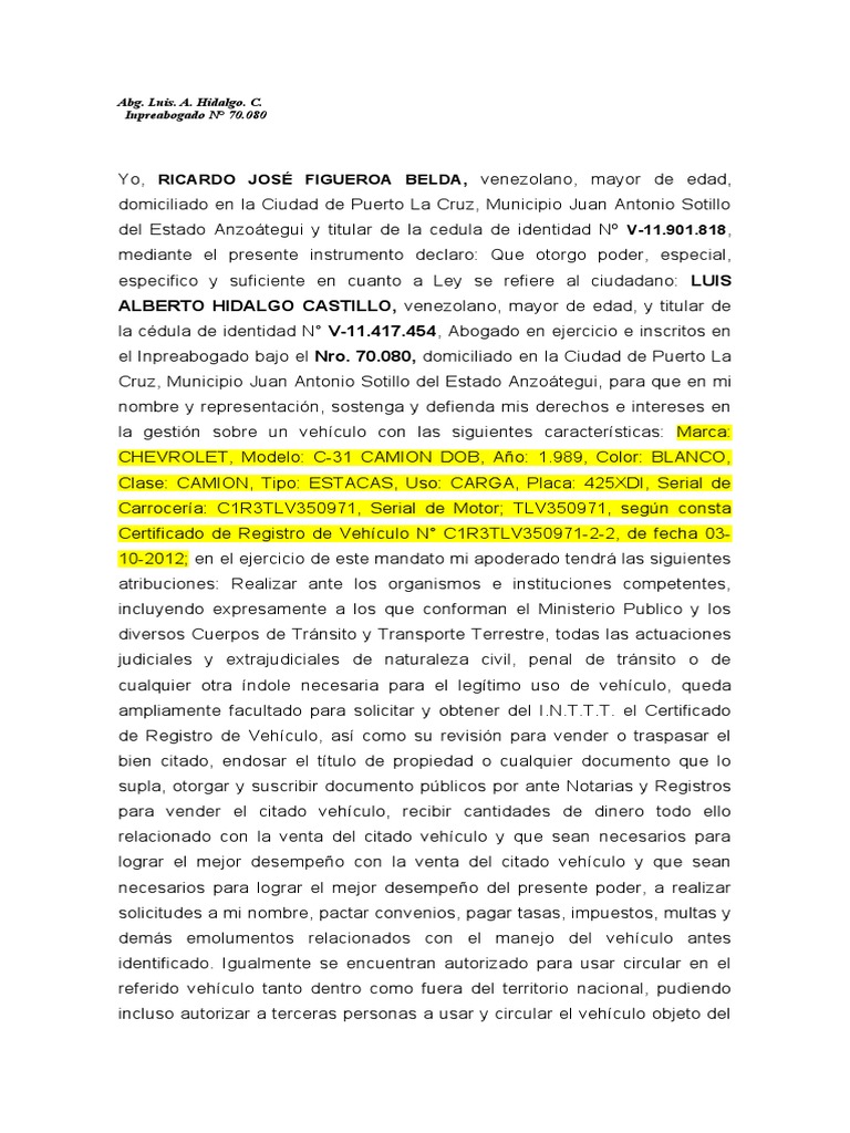 Poder Especial para Gestión de Vehículo | PDF | Justicia | Crimen y ...