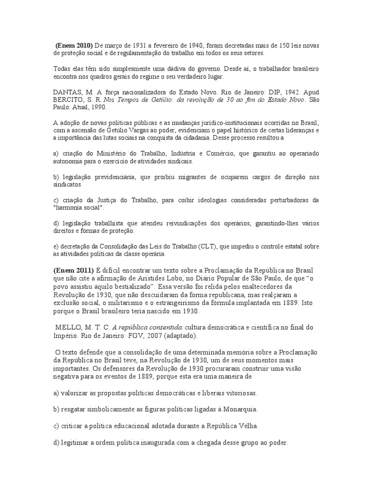 Questões sobre Proclamação da República: Brasil República - Para o Enem e  Vestibular